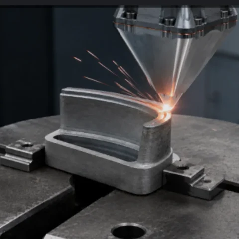 Close view of a cladding head applying material; image supplied in the Robotic Cladding presentation.