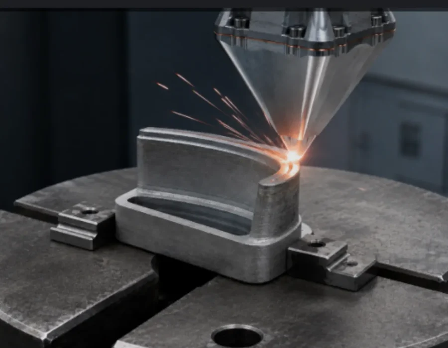 Close view of a cladding head applying material; image supplied in the Robotic Cladding presentation.